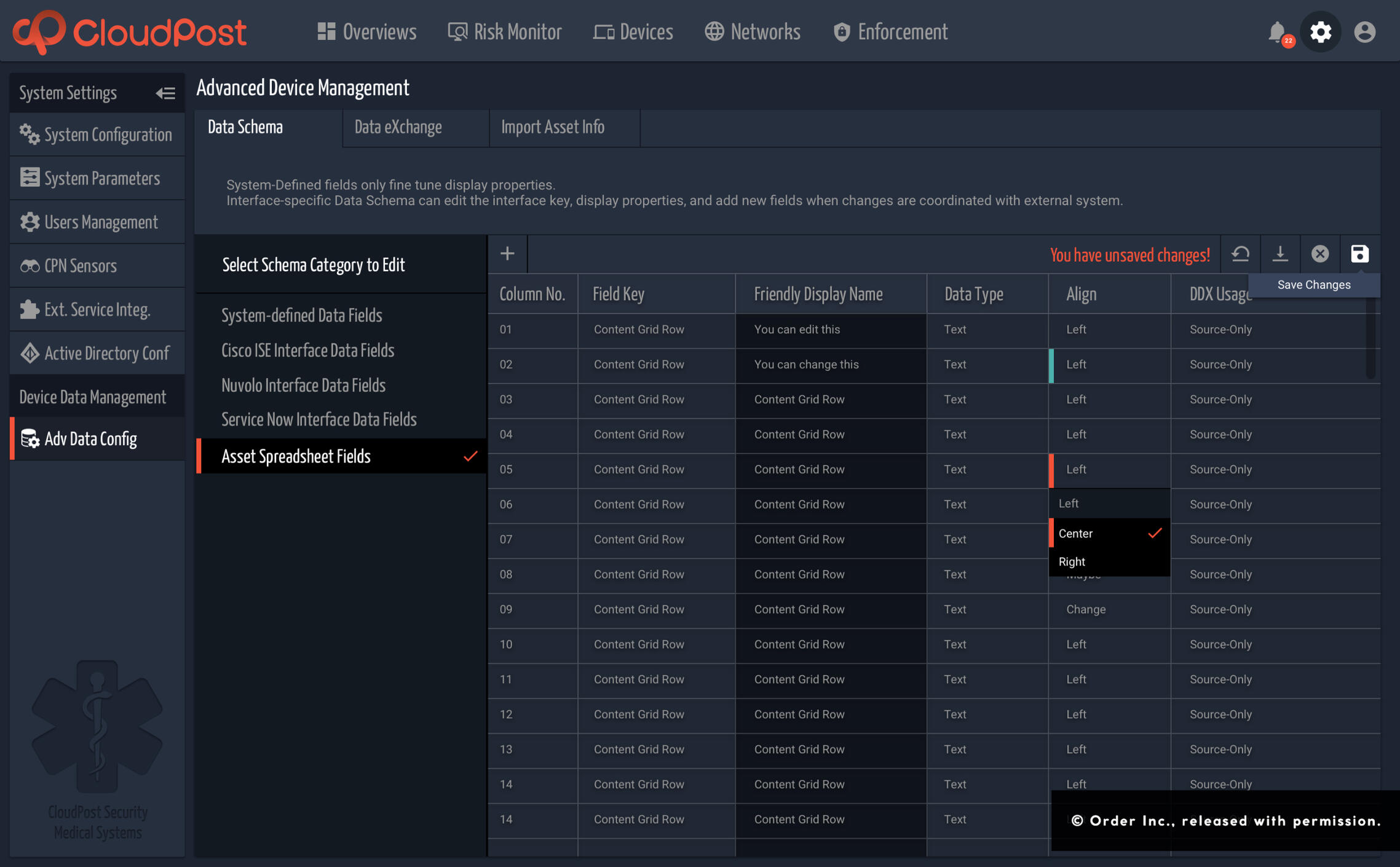 Early design of an device management settings page for Ordr Inc. (then CloudPost Networks).