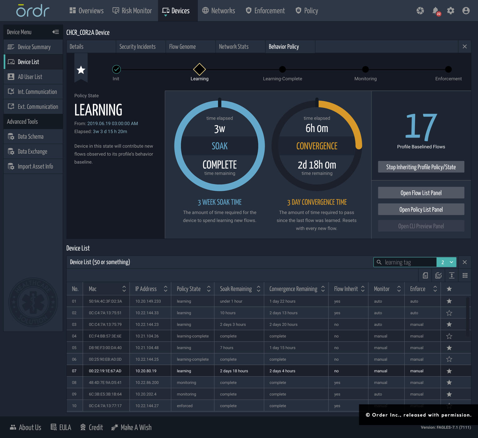 Early design of a behavior policy tracking page for Ordr Inc.
