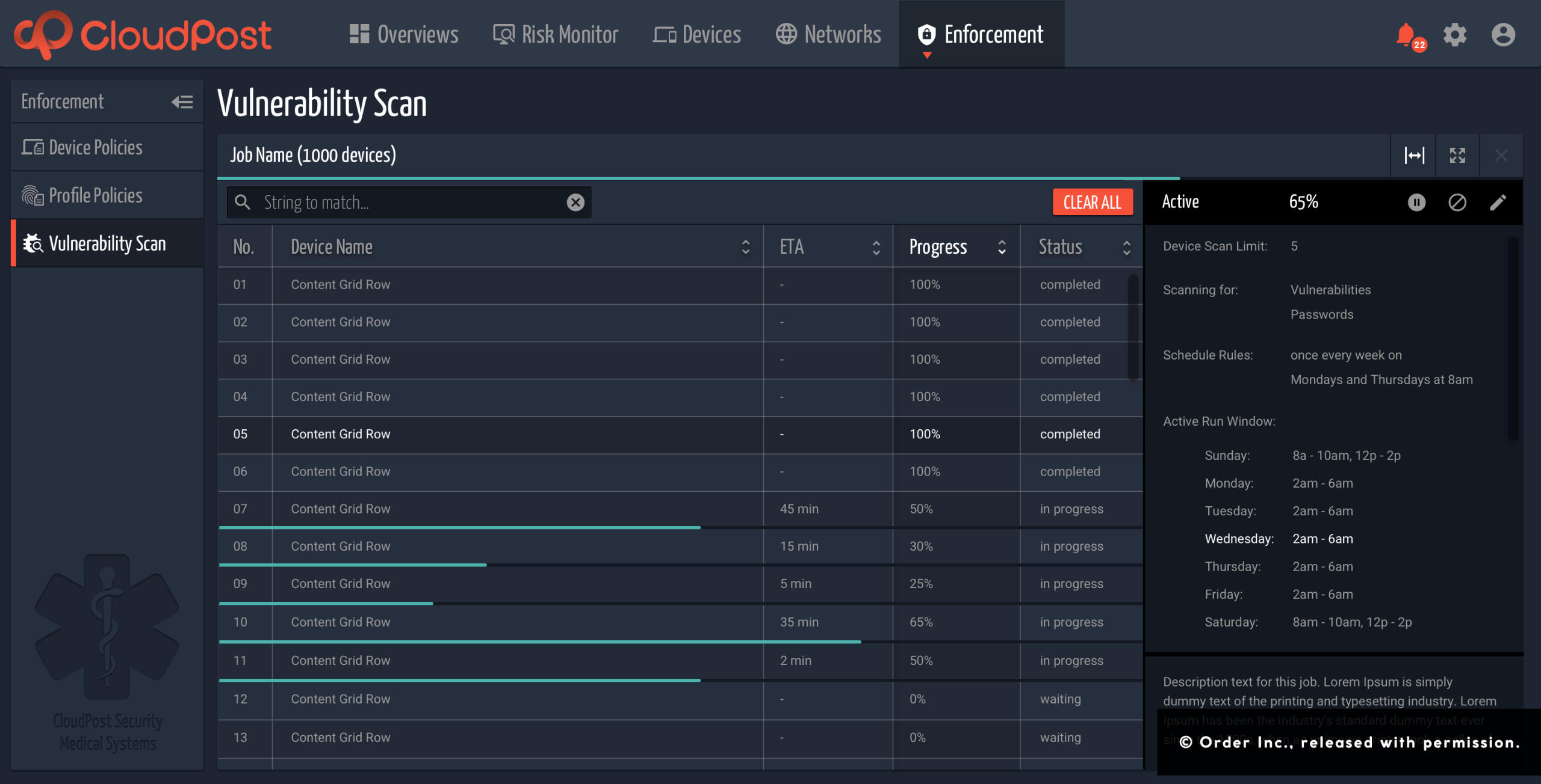 Early design of an IoT vulnerability scan tracking page for Ordr Inc. (then CloudPost Networks).