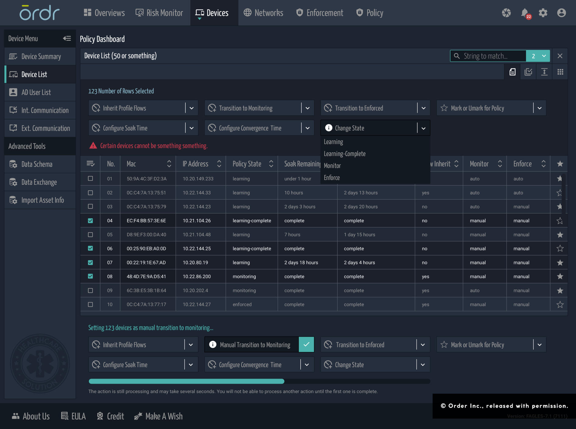 Early design of a device overview page and assets for Ordr Inc. Different states and widgets were included to streamline design handoff to the Engineering team.